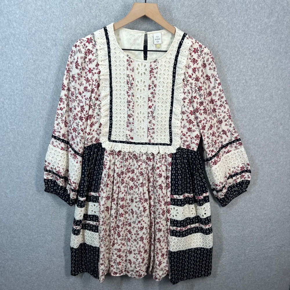 Anthropologie Seen Worn Kept Sassy Floral Eyelet Lace Mini Dress Cream Red M NEW